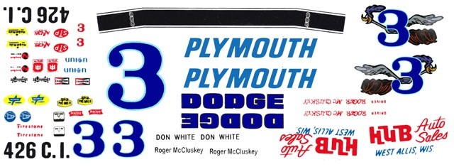 #3 Roger McCluskey Plymouth HUB Auto Sales 1/24th Scale Waterslide Decals