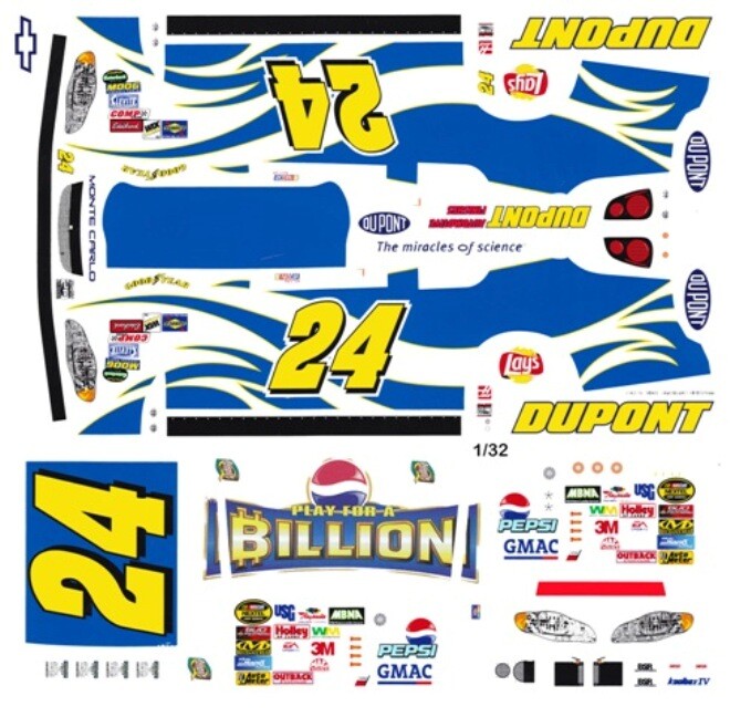 #24 Jeff Gordon Billion Dollar Chevy 1/24th Scale NASCAR Waterslide Decals