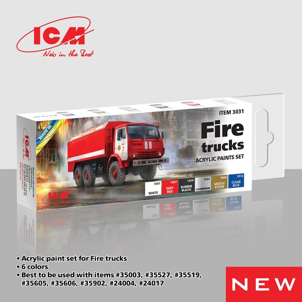 Acrylic paint set for Fire trucks Grey, Red, Brown, Blue, White, Black ICM 3031