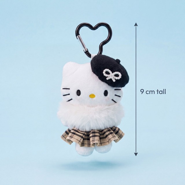 Elegant White Cat Plush Bag Charm with Plaid Skirt and Beret