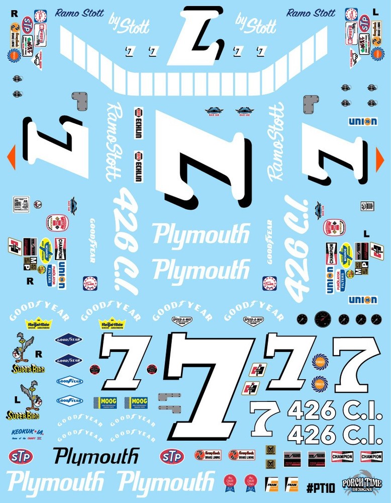 *NEW PORCH TIME DESIGNS 1/25 #7 RAMO STOTT PLYMOUTH ROAD RUNNER/SUPERBIRD DECAL
