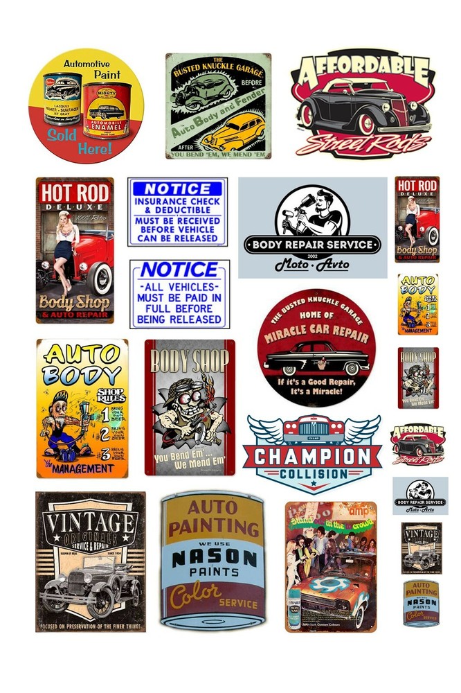 1:25 G scale model auto body repair shop car garage signs