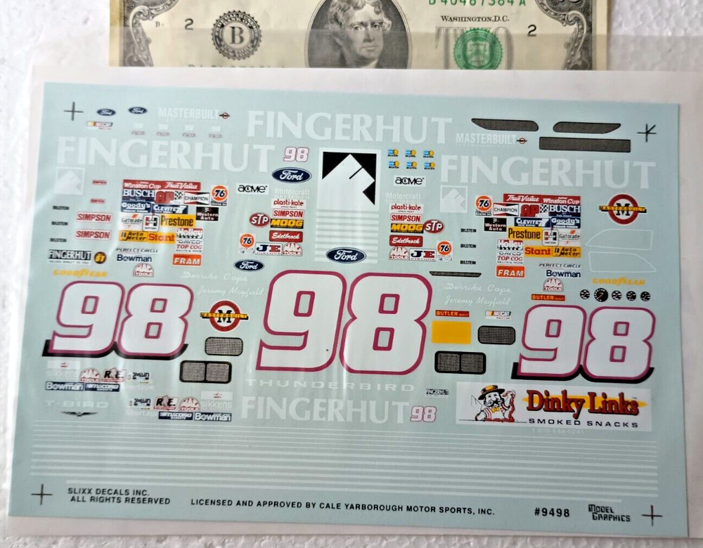 SLIXX 1/24 Water Slide Decals NASCAR Ford #98 FINGERHUT Dinky Links Snacks