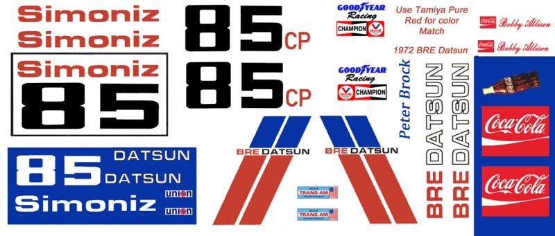 #85 Bobby Allison BRE DATSUN 510 1972 1/24th – 1/25th Scale Decals