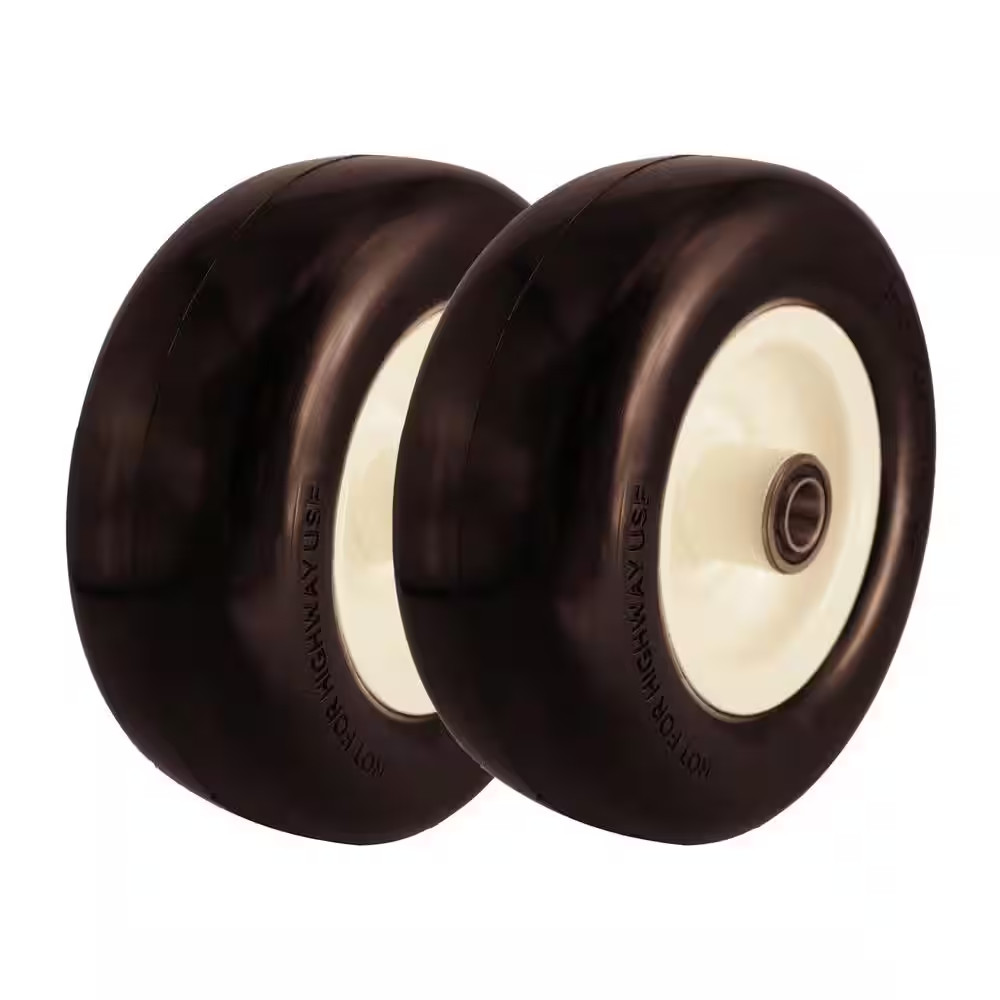 9X3.50-4 Flat Free Tire 1/2 and 5/8 Bearings, 3.5″- 5″ Center Hub, Set of 2