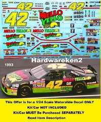 NASCAR DECAL #42 MELLO YELLO 1991 -1994 PONTIAC GRAN PRIX KYLE PETTY 1/24