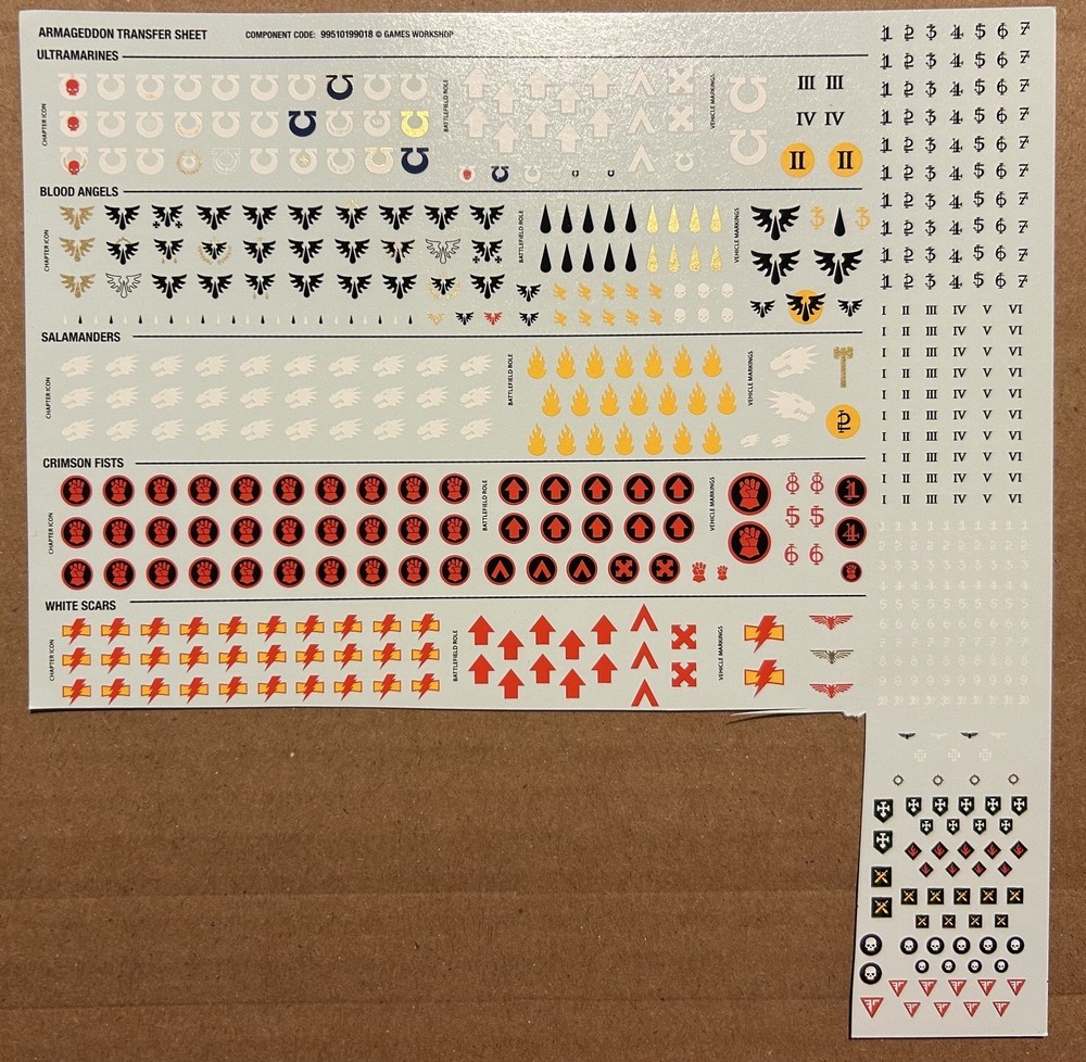 40k Armageddon Transfer Sheet / Decals Space Marines 11th ed. Free Ship
