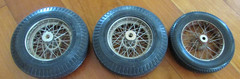 Vintage 3 wire spoke wheels and tires 1 front 3 3/4 ” diameter 2 rear 4 1/8″dia