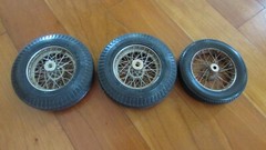 Vintage 3 wire spoke wheels and tires 1 front 3 3/4 ” diameter 2 rear 4 1/8″dia