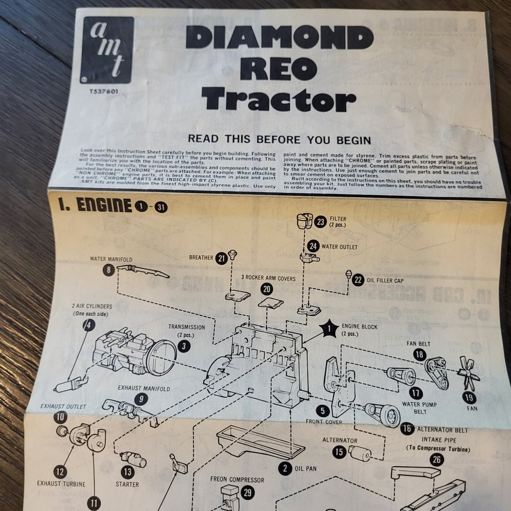 Vintage AMT Plastic Model Kit Instructions for Diamond Reo Tractor T537601