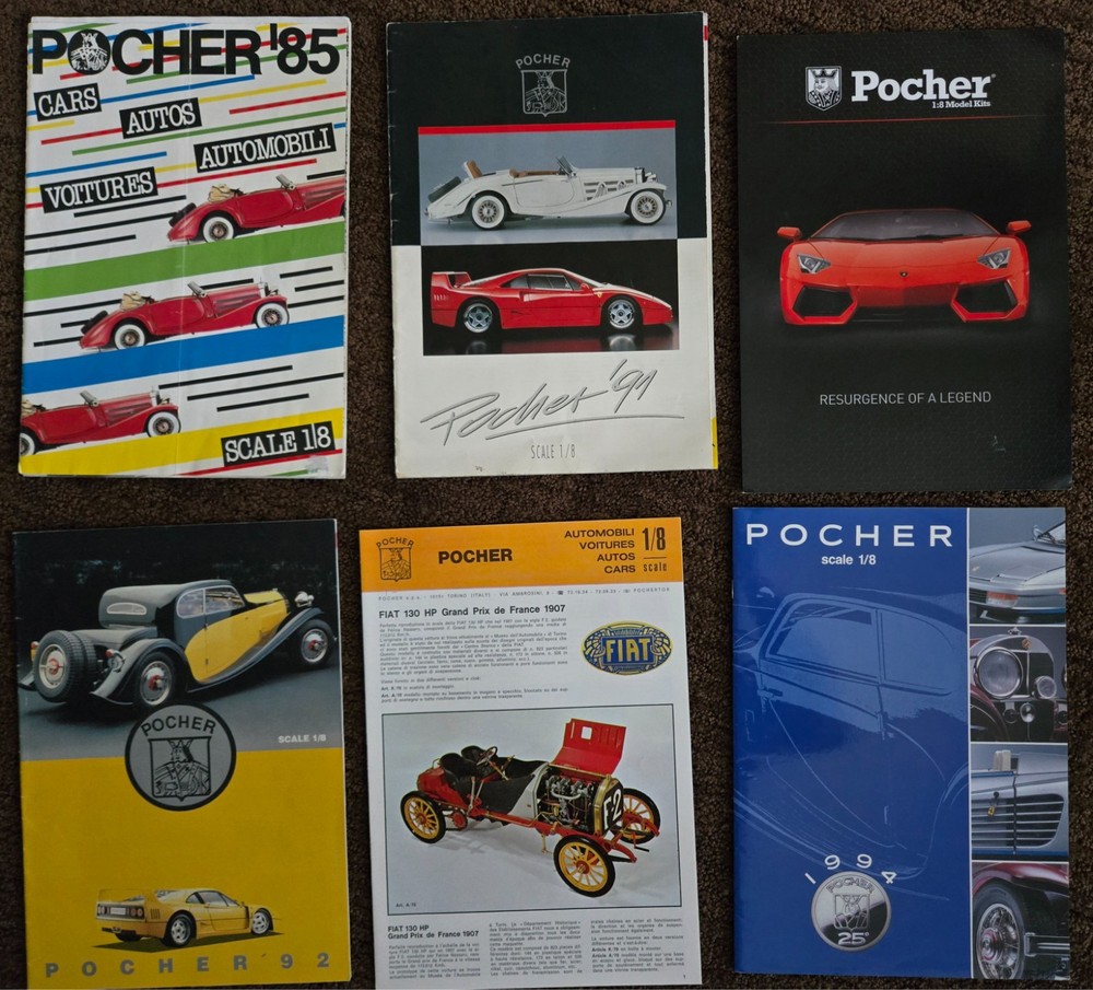 Pocher 1/8 car model catalogs: 1985, 1991, 1992, 1994, one undated & one recent