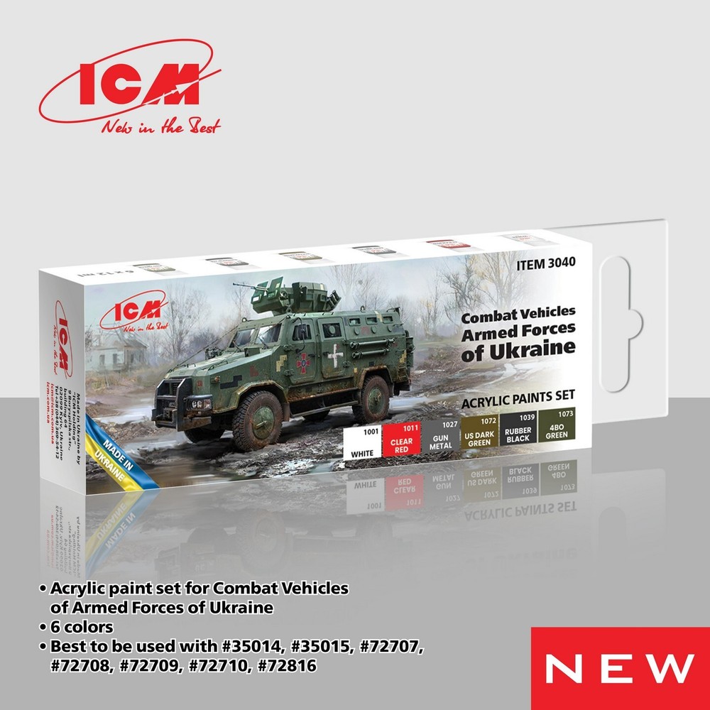 Acrylic paints Combat Vehicles Armed Forces Ukraine Grey Red Green White ICM3040