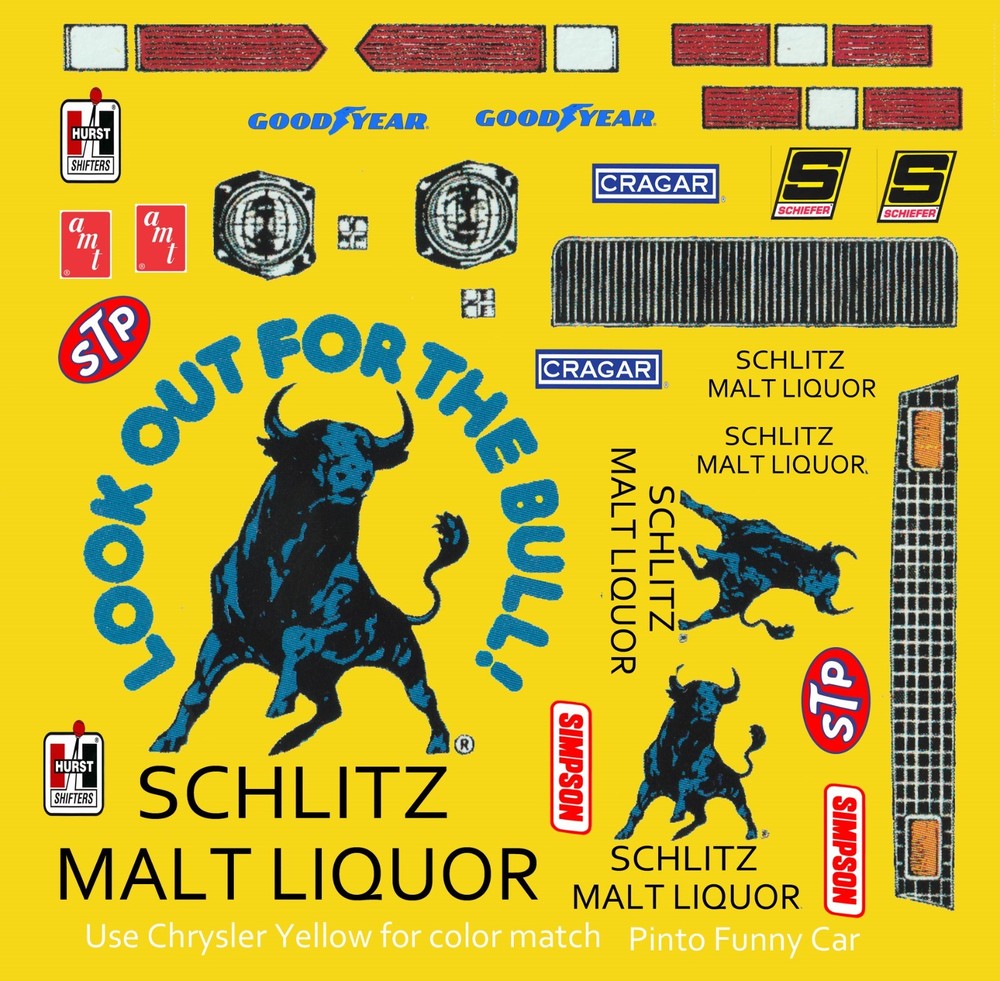 Schlitz Malt Liquor Pinto Funny Car 1/24th – 1/25th Scale Decals