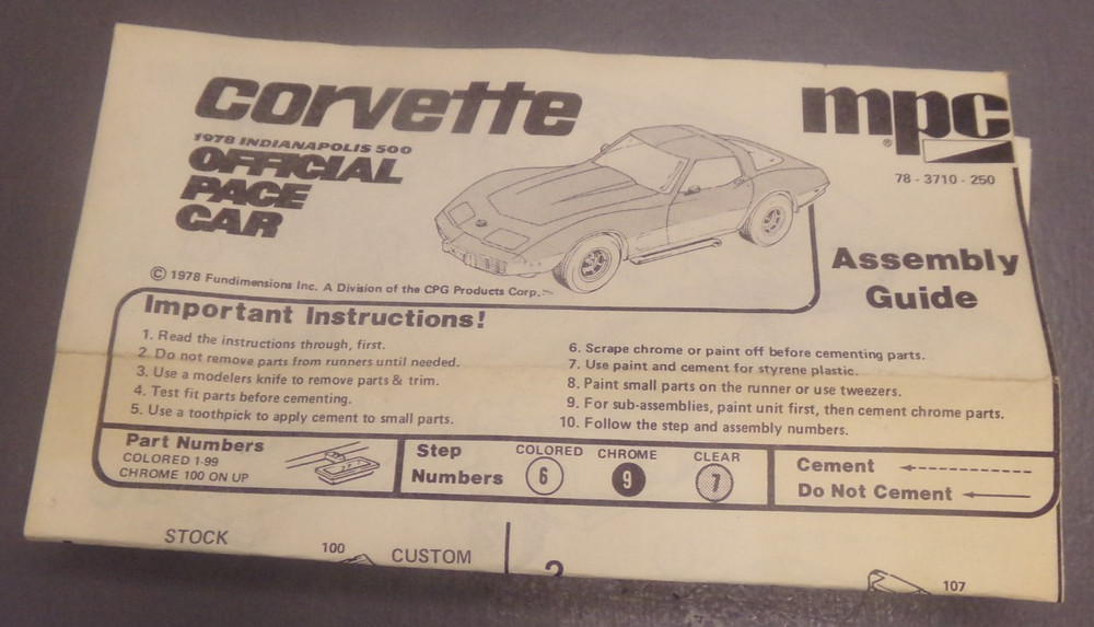 CORVETTE 1978 INDIANAPOLIS 500 PACE CAR MODEL KIT INSTRUCTIONS