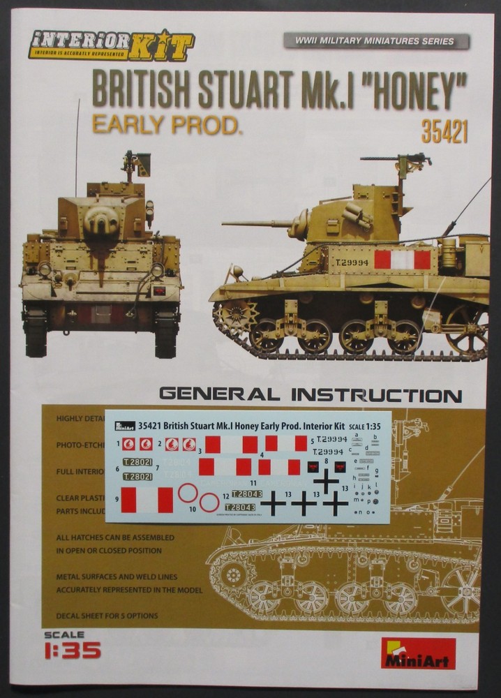 Miniart 1/35th Scale British Mk. I Honey – Decals from Kit No. 35421