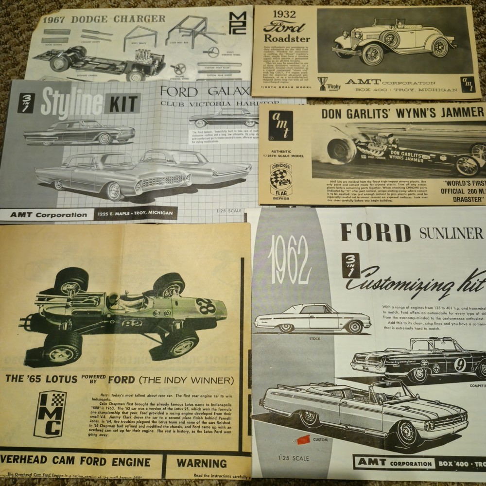 Lot/6 Vintage 1960’s Model Car Kit Instructions AMT IMC FORD LOTUS INDY – DODGE