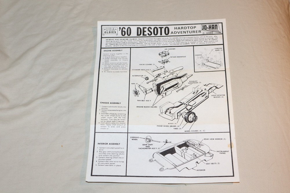 Original Jo-Han 1960 Desoto Hardtop Adventurer Model Kit Instructions ONLY C4460