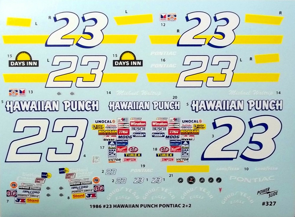 POWERSLIDE 327 #23 HAWIIAN PUNCH NASCAR 1986 PONTIAC MICHAEL WALTRIP 1/24 DECAL