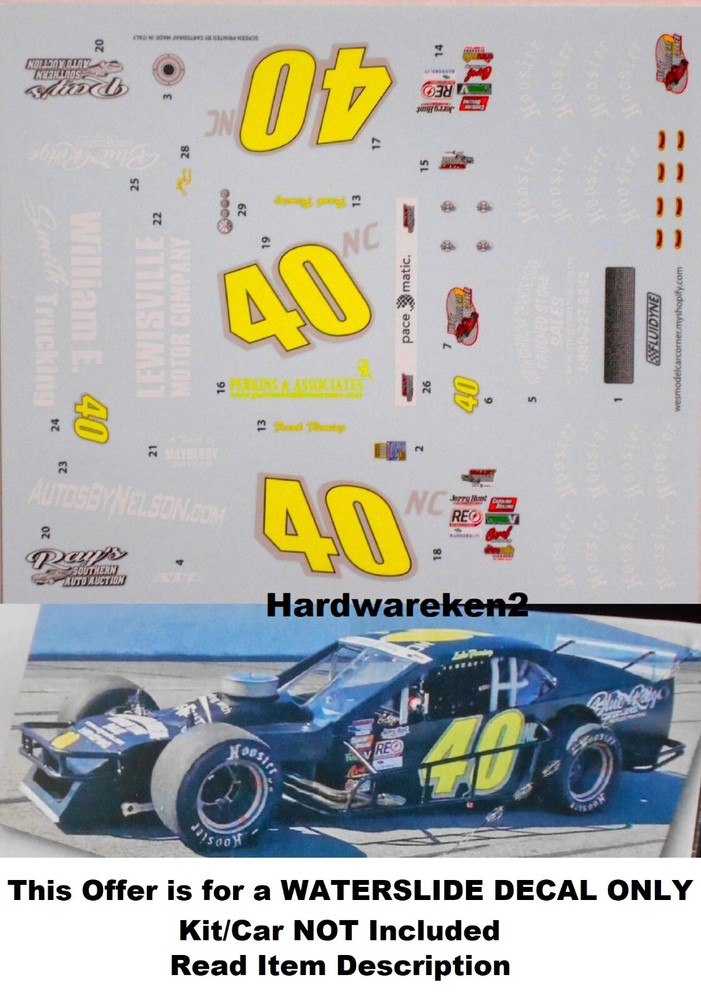 DECAL – #40 BLUE RIDGE DESIGN WHELEN 2022 ASPHALT MODIFIED FRANK FLEMING – 1/25