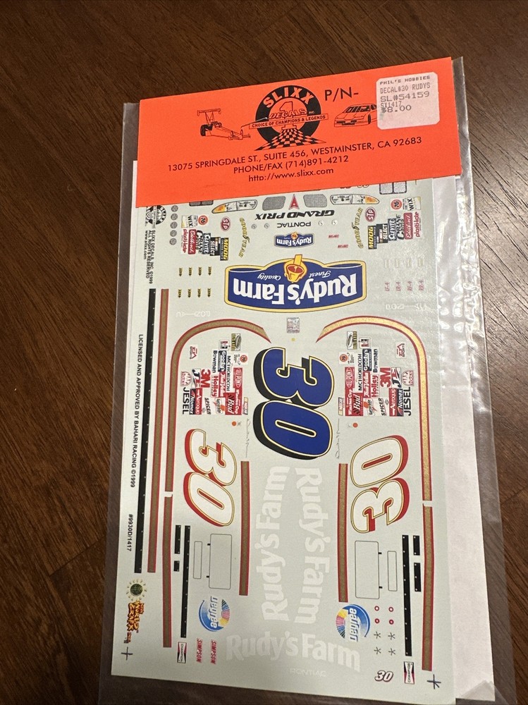 Slixx Decals 1417 1/25 Scale #30 Rudy’s Farm Grand Prix NASCAR