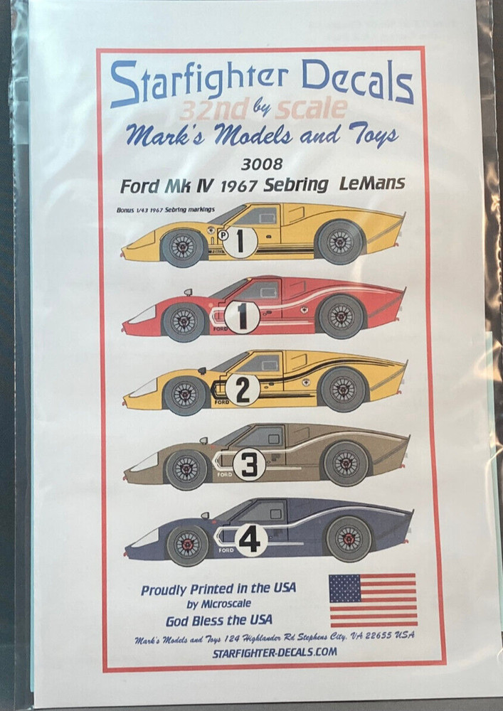 1/32 Starfighter Decals 3008 Ford GT Mk IV 1967 LeMans 24h + Sebring 12h Winner