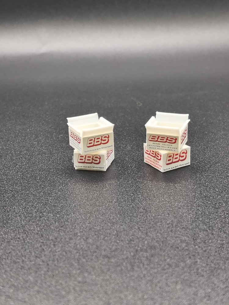 2 Open + 2 Closed 1:64 BBS Performance Parts Boxes – 3D Printed Diorama