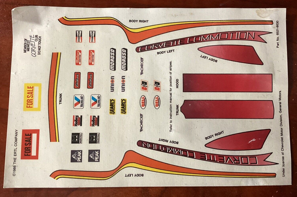 DECALS ONLY for Vintage 1986 AMT/ERTL 1962 Corvette Model Kit