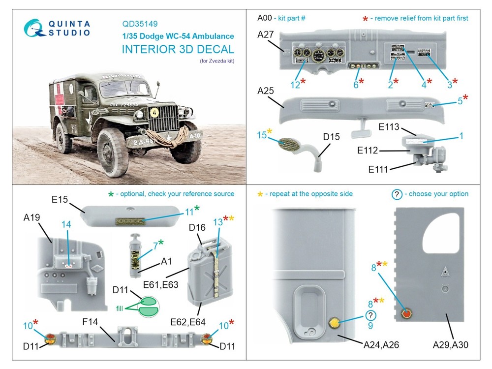 Quinta Studio 1/35 Dodge WC-54 Ambulance 3D Interior/Ext. Color Decals (Zvezda)