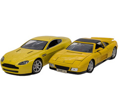 2 Racing Yellow Vintage Model Sports Cars Ferrari 348ts, Aston Martin V8 Vantage