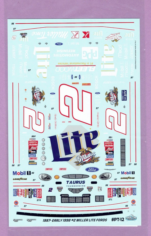 PORCH TIME DESIGNS 1/24 #2 RUSTY WALLACE MILLER LITE 1997-98 FORD NASCAR DECAL