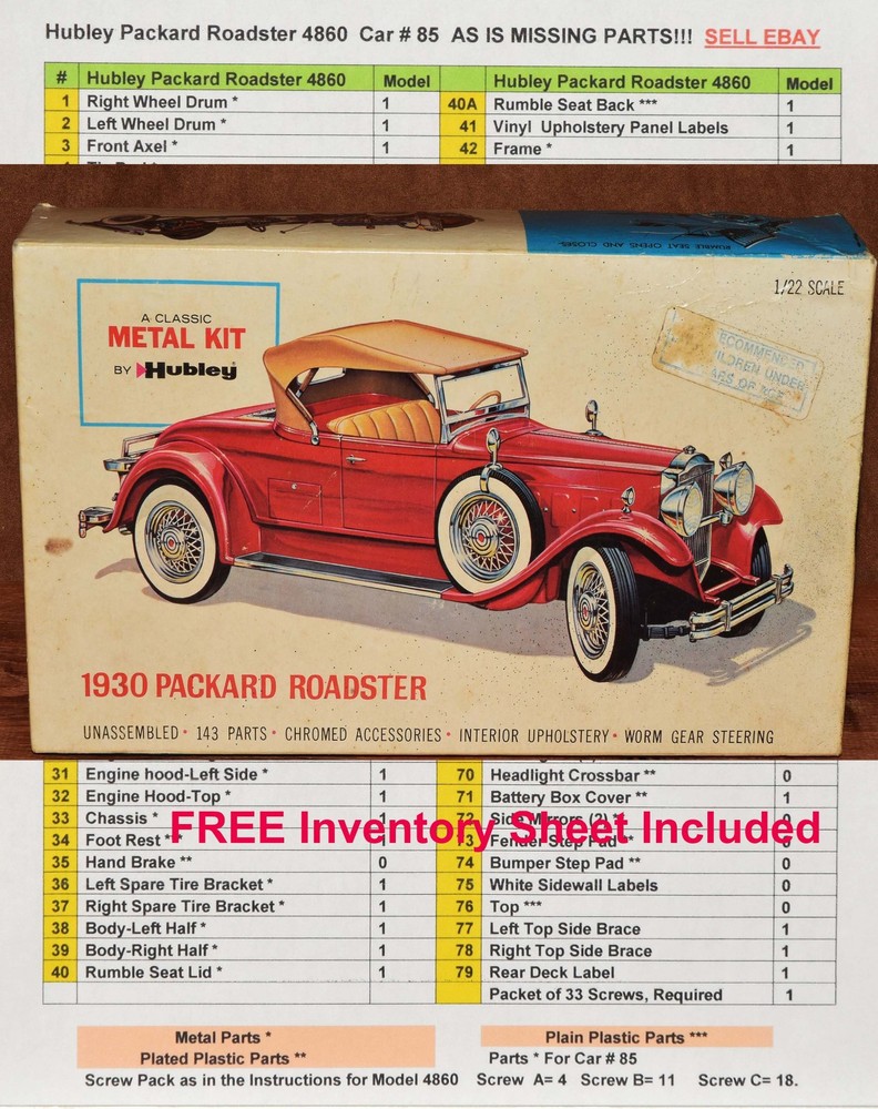 Hubley 1930 Packard Roadster #4860, Metal & Plastic Parts, Missing Chrome Parts