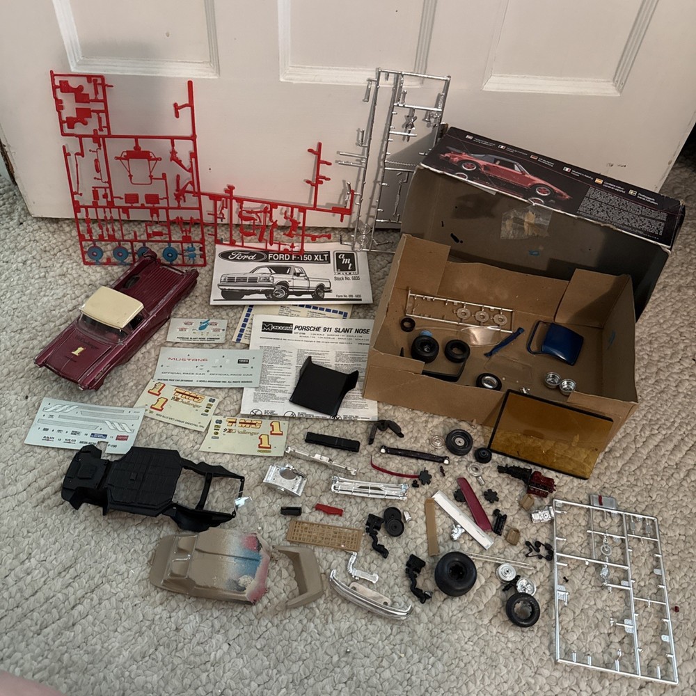 Vintage Model Car Junkyard Lot Of Parts And Pieces Decals Manuals Old Box READ
