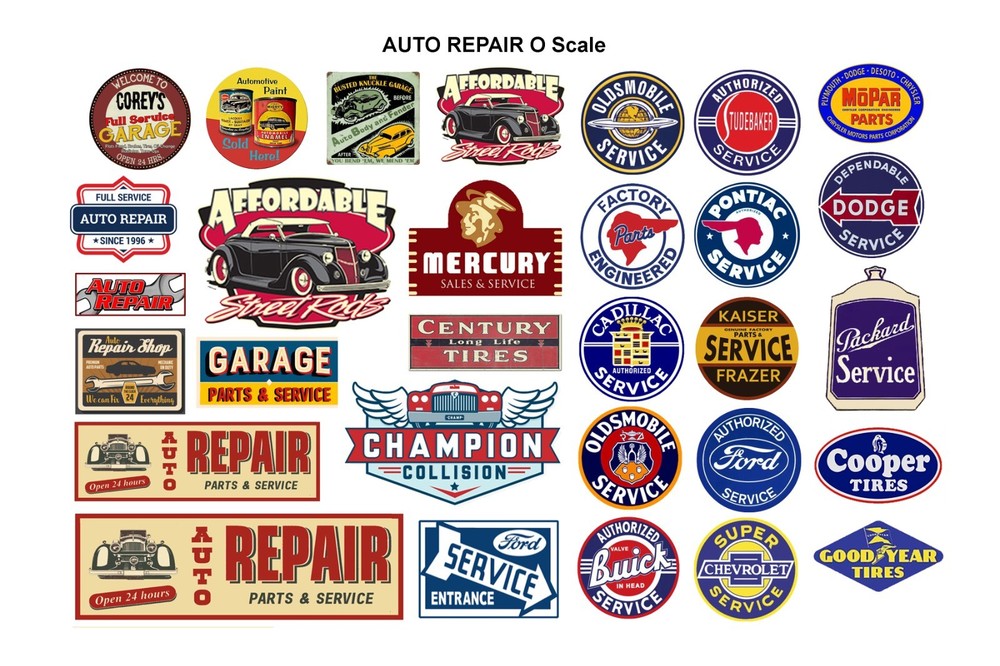 1:48 O scale model auto engine repair shop car garage signs