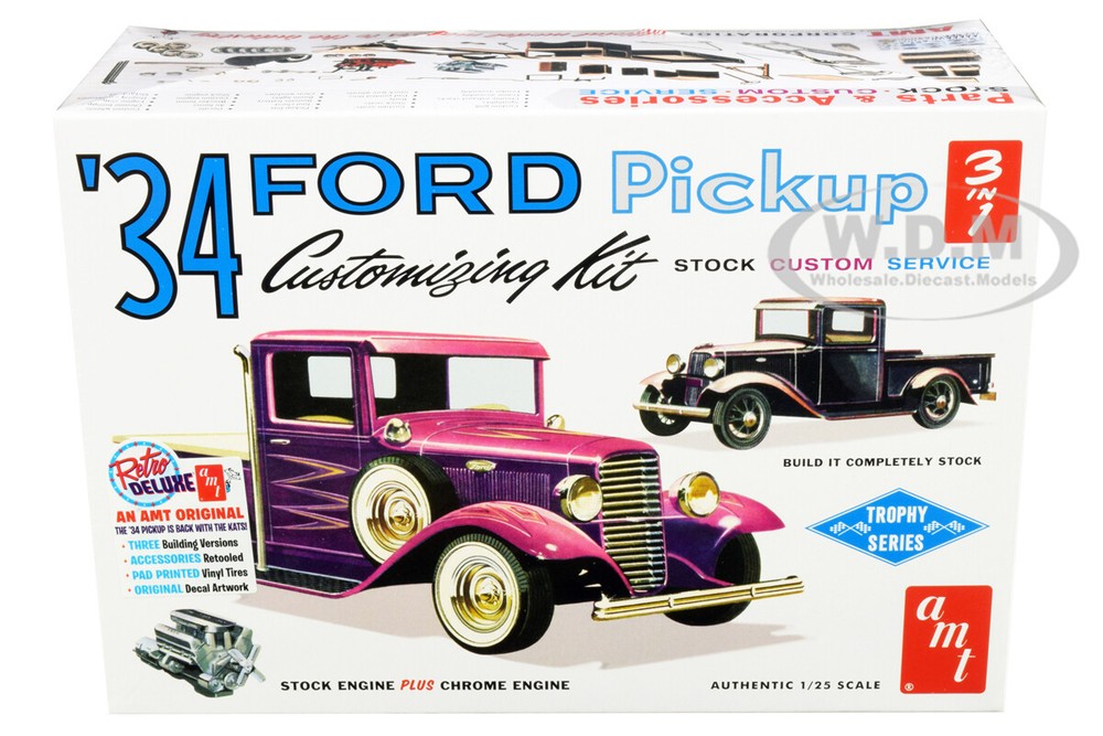 SKILL 2 MODEL KIT 1934 FORD PICKUP TRUCK 3-IN-1 “TROPHY SERIES” 1/25 AMT AMT1120