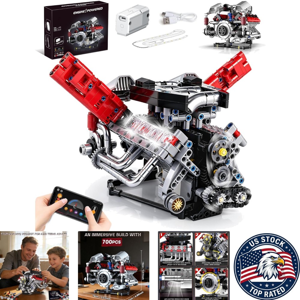 Deluxe V8 Engine Model Kit for Kids & Adults – 700 PCS with LED and App Control
