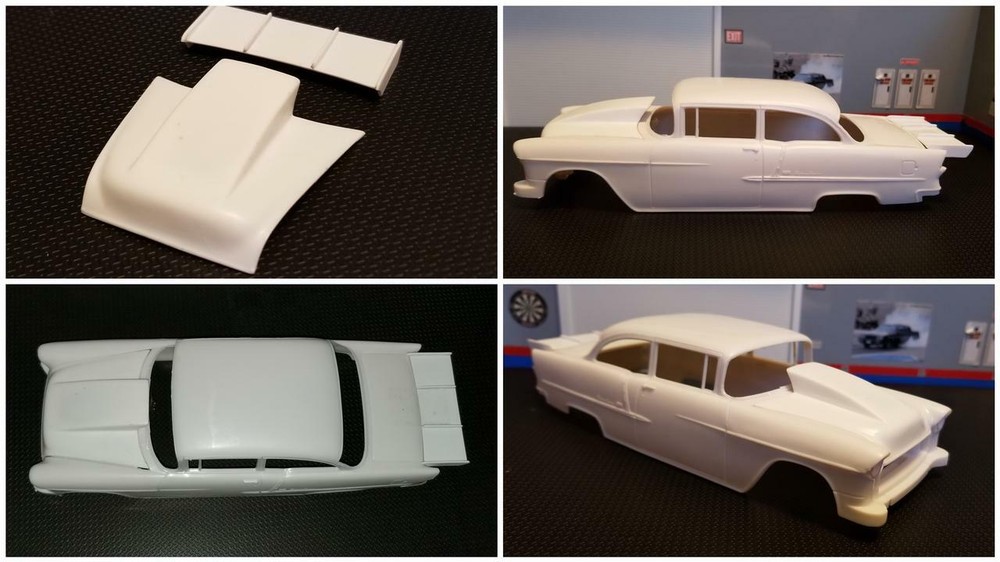 Resin Rear Spoiler & Outlaw Hood Combo for ’55 Chevy Bel Air Sedan 1/25.