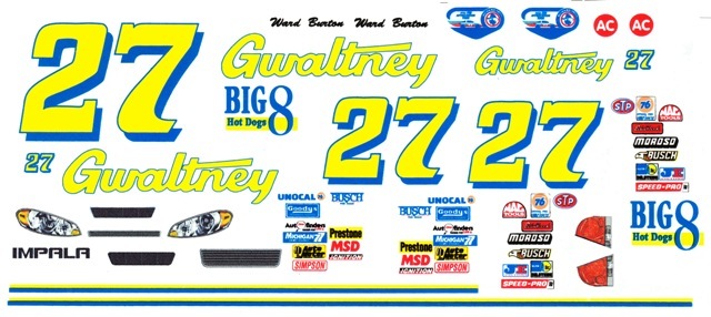 #27 Ward Burton Gwaltney Chevy 1/24th – 1/25th Scale Waterslide Decals