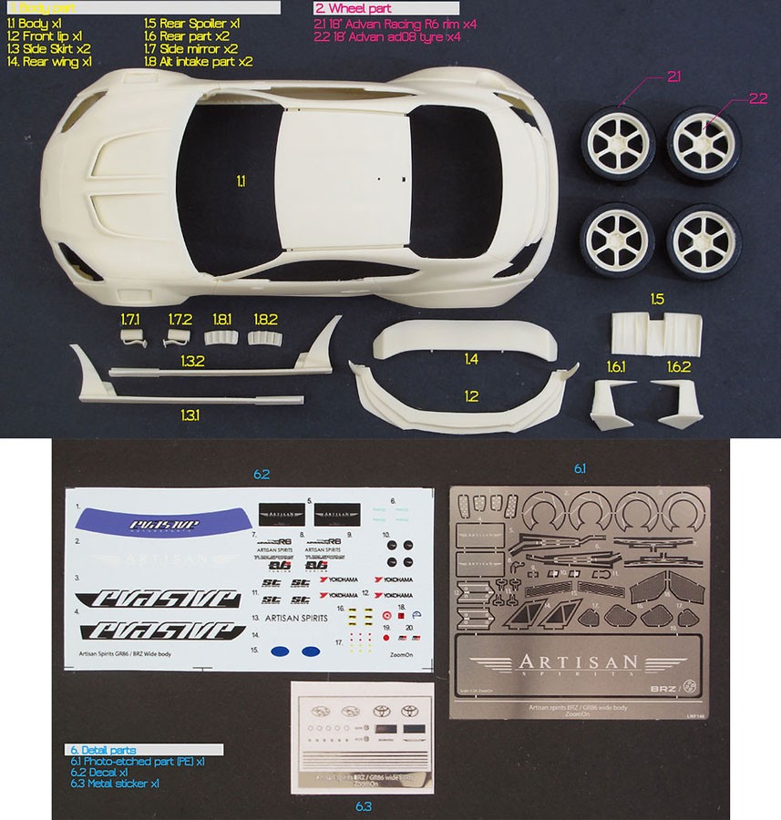 ZoomOn 1/24 Artisan Spirits GR86/BRZ Wide Body Transkit parts for Tamiya kit