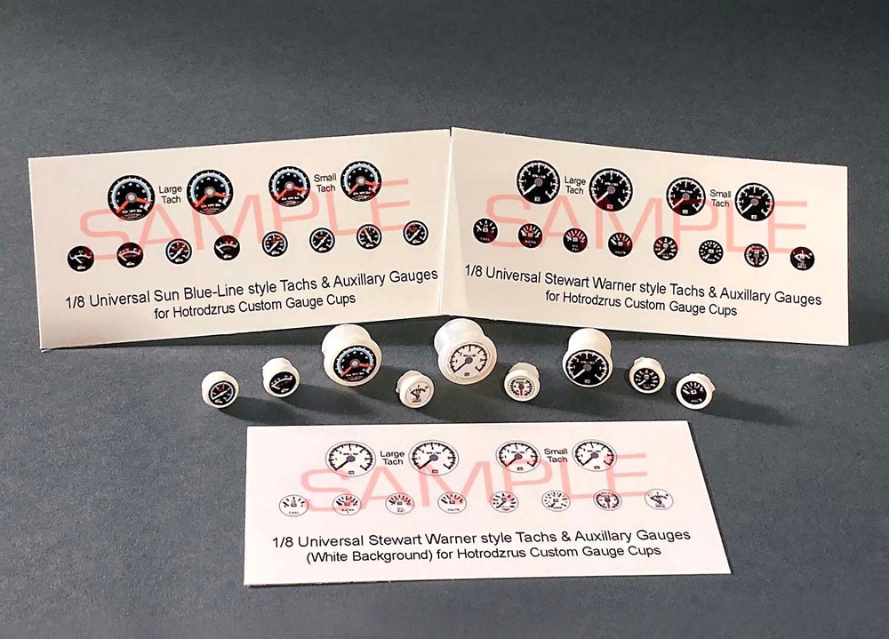 1/8 scale UNIVERSAL SUN WHITE and BLACK GAUGE FACES for HOTRODZRUS gauge cups