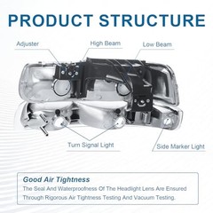 Headlights Assembly Compatible with 1999-2002 Chrome Housing + Clear Reflector