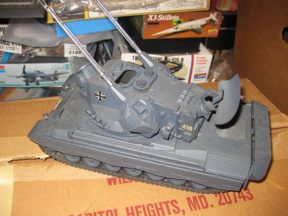 Pro-built Flakpanzer Gepard tank in case in 1/35 scale from a Tamiya kit