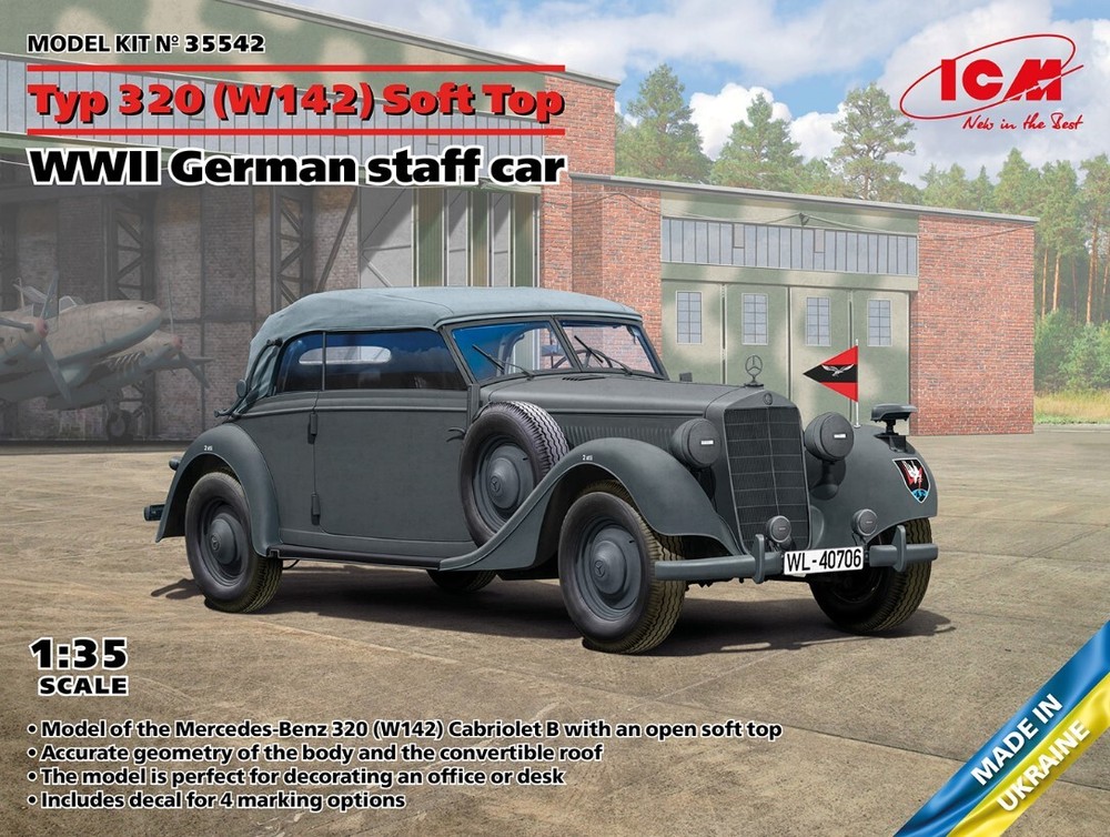 ICM 35542 Typ 320 W142 WWII German staff car with canopy raised 1/35 Model kit