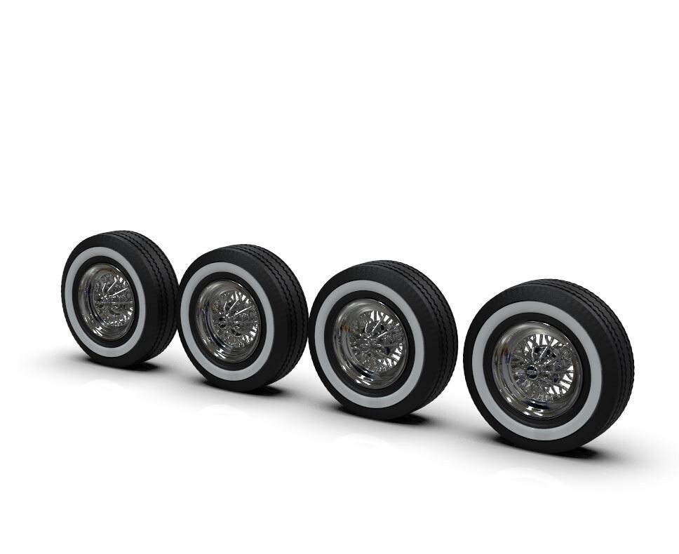 1:25 15” StarWire style wheels on Whitewall tires. 10mm wide and 29mm tire