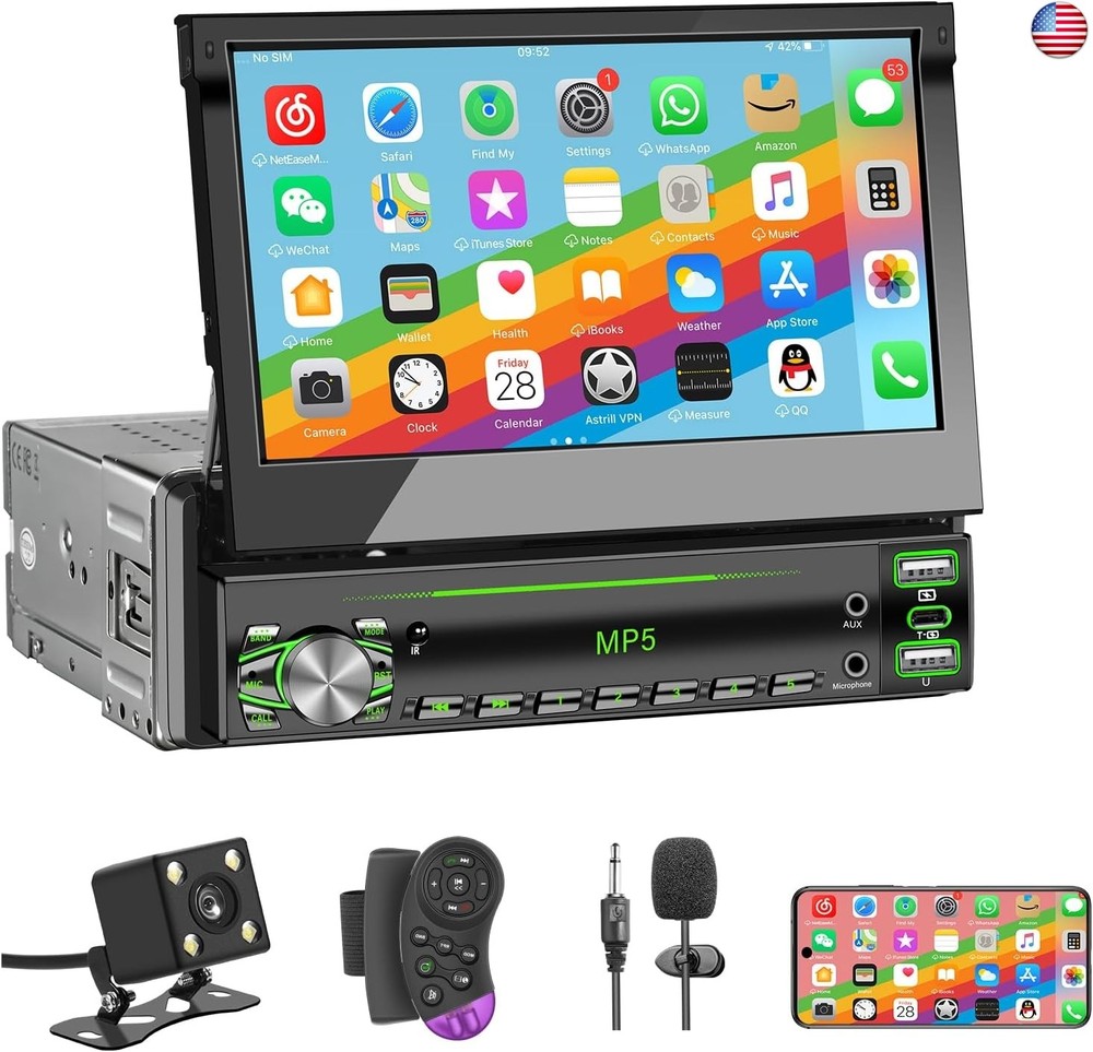 Single DIN Touchscreen Radio, Flip Up Screen Car Stereo with Bluetooth, Flip