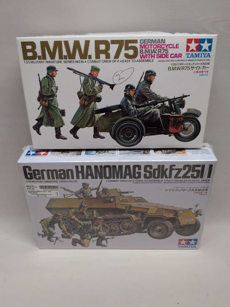 Lot(3) Tamiya German MM16(2) BMW R75 Motorcycle Sidecar & 35020 Hanomag (Read)