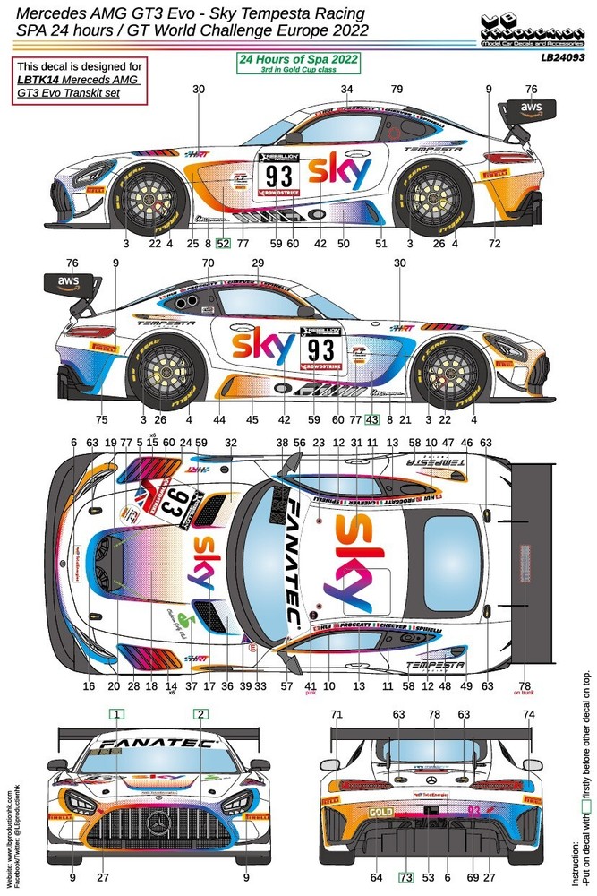 LB Production 1/24 Merc AMG GT3 Evo Sky Tempesta Spa 24 Hour 2022 Decal LB24093