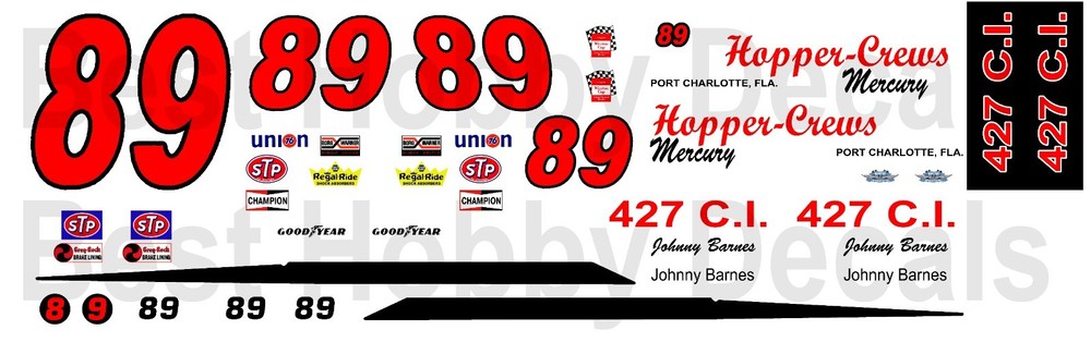 #89 Johnny Barnes Hopper-Crews Mercury 1/24th Scale Nascar Waterslide Decals
