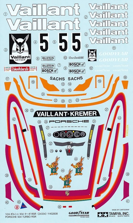 Tamiya’s Decals for 1/24 PORSCHE TURBO RSR TYPE 934 VaillantItem24334 from Japan