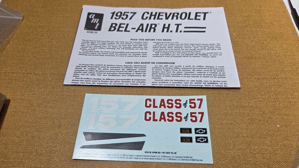 1957 CHEVY BEL AIR DECALS & INSTRUCTIONS & BOX 1/25 AMT NEW Model Kit PARTS