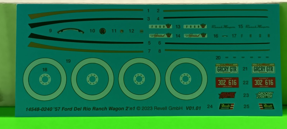 57 1957 Ford Del Rio Ranch Wagon 1/25 Decal Sheet Dash Gagues Whitewalls Emblems